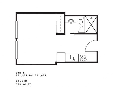 Floor plan for studio, 1 bath, 355 sqft